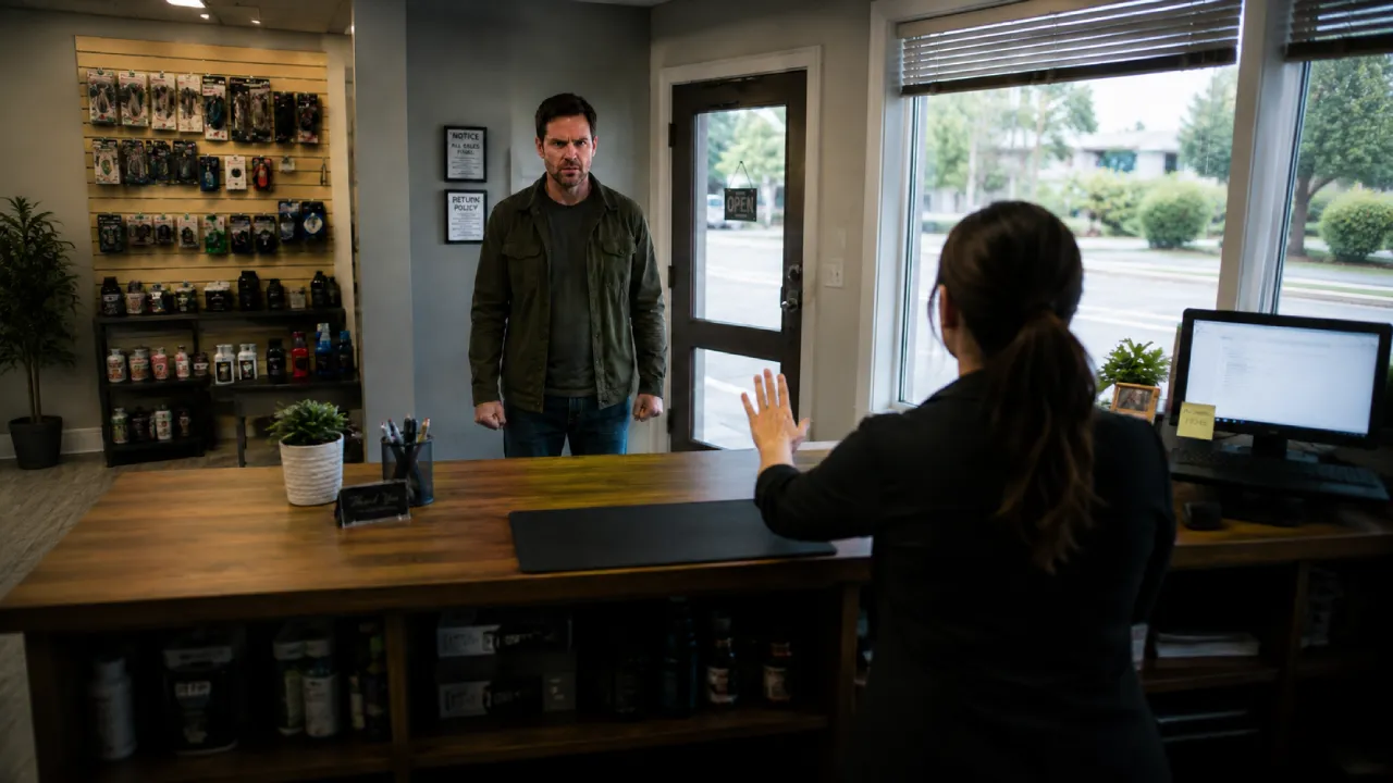 A frontline worker calmly raising a hand to de-escalate an angry customer at the counter