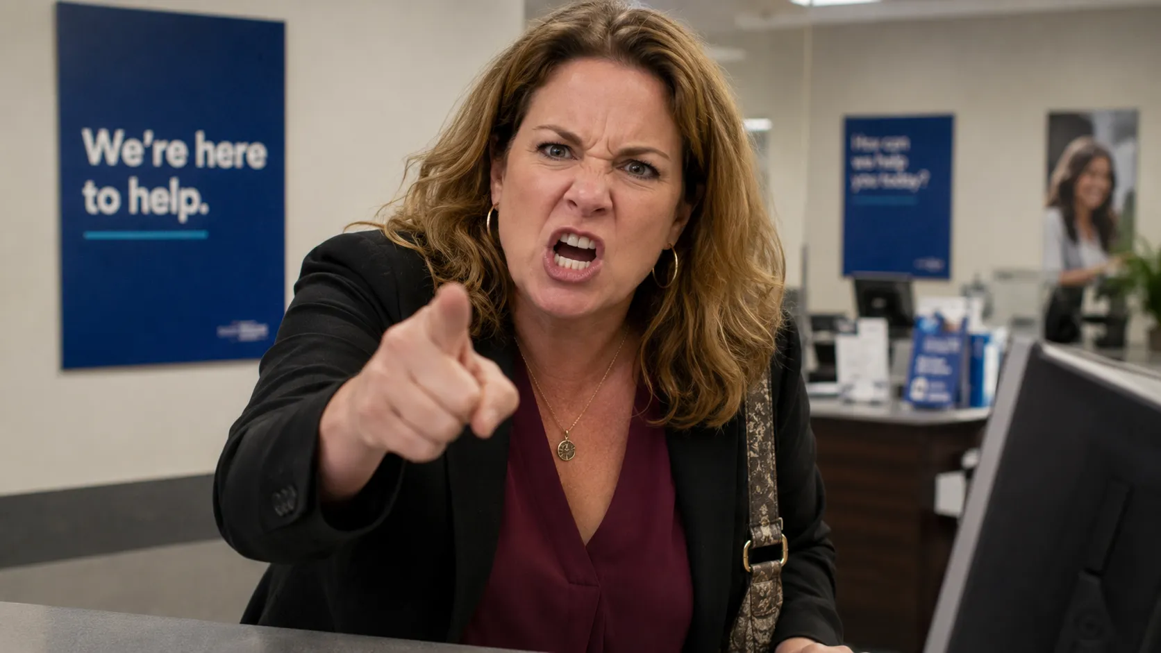 An angry customer pointing and shouting at a frontline worker across the counter